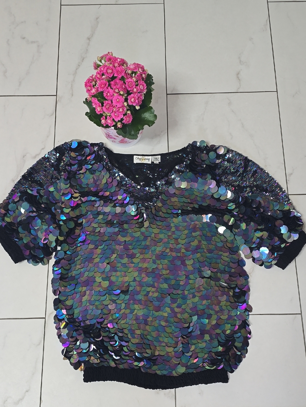Sequined Short Sleeve Top - Iridescent Black
